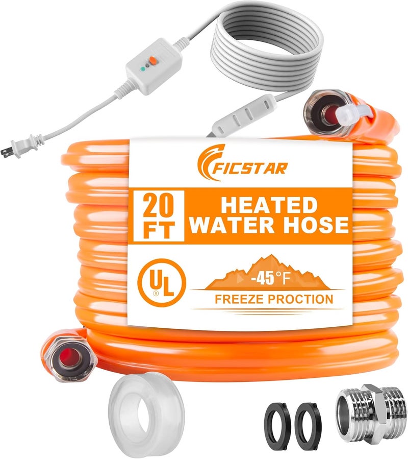 Ficstar 20FT Heated Water Hose for RV, Heated Drinking Water Hose Antifreeze to -45°F, Water Heater Thermostat with Self-regulating Function, 5/8" I.D. with 3/4" GHT Adapter, Lead and BPA Free,No Odor - Image 1